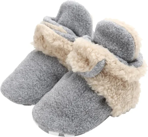 Miniatura 3 de EnJoCho Pantuflas de forro polar para niñas recién nacidas y niños con suela suave antideslizantes para primeros caminos gris 12-18 meses