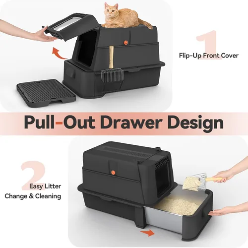 Miniatura 2 de Wooaidagg - Caja de arena para gatos de acero inoxidable cerrada con control de olores, diseño modular con cajón y puerta abatible, fácil de limpiar