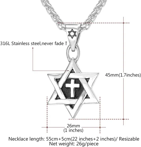Miniatura 127 de U7 - Collar con Estrella de David para hombres y mujeres, dije hexagonal de acero inoxidable con cruz/piedra de rubí/collares clásicos judíos