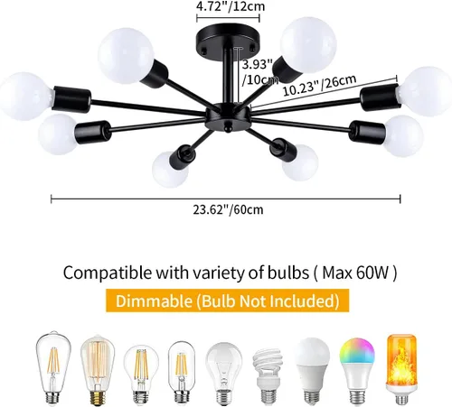 Miniatura 4 de Lámpara de Techo Semiempotrada de 23.62'', Candelabro Moderno de 8 Luces Negro para Sala de Estar, Candelabro de Luces Sputnik para Dormitorio