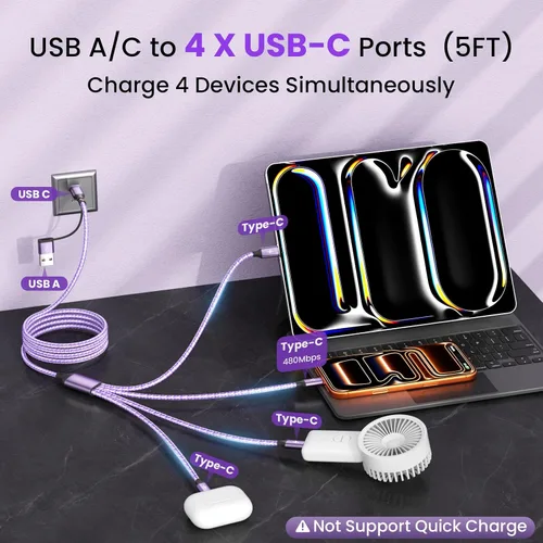 Miniatura 2 de Cable de carga múltiple 4 en 2, cable USB C a USB C con 4 X tipo C, cable de carga de teléfono de viaje para iPhone 17/16/15, Galaxy, Android