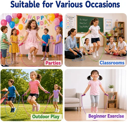Miniatura 7 de GiftExpress Cuerda de saltar colorida de tamaño ajustable para niños y adolescentes, juegos divertidos para interiores y exteriores, cuerda