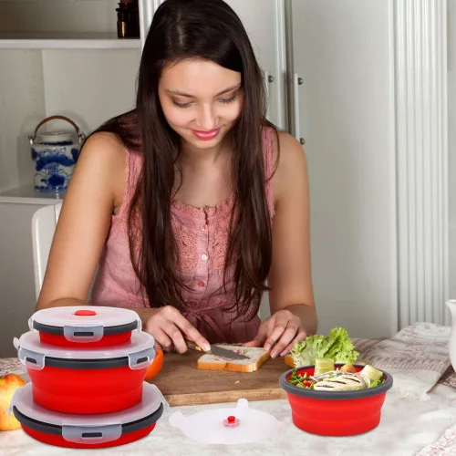 Miniatura 7 de Guyuyii Paquete de 4 Cuencos Plegables de Silicona con Tapas - Recipientes Redondos Anidables de Almacenamiento de Alimentos para Camping, RV y Rojo
