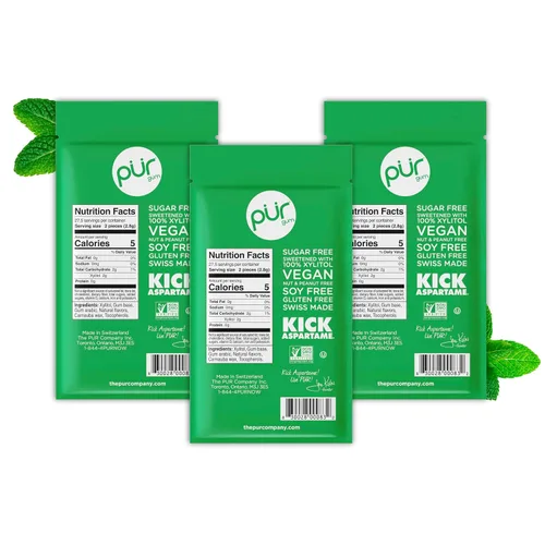 Miniatura 3 de PUR - Chicle de sabor menta verde elaborado con 100 % xilitol, sin azúcar ni aspartamo, vegano. Refresca el aliento, blanquea los dientes y alivia