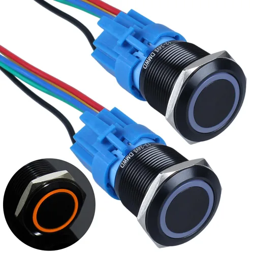 Miniatura 21 de 2 interruptores de botón de bloqueo de 0.748 in de 12 V-24 V, anillo de CC LED 1NO 1NC impermeable botón de metal negro encendido apagado