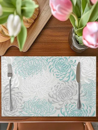 Miniatura 3 de Juego de 4 manteles individuales para mesa de comedor, diseño de crisantemo, color aguamarina, lino de algodón, impermeable, fácil de limpiar