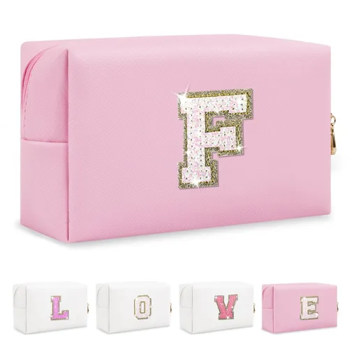Miniatura 98 de Pequeña bolsa de maquillaje personalizada con inicial A-Z Preppy Patch, bolsa de cosméticos de viaje de felpilla blanca con cremallera, bonita bolsa