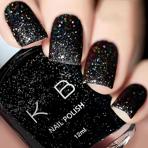 Miniatura 7 de COSMOO Esmalte de uñas de glitter negro de secado rápido, 12 ml, resistente a las astillas, vegano, de secado rápido, con vetas, de larga duración