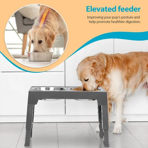 Miniatura 7 de Niubya Cuencos elevados para perros con 2 cuencos de comida de acero inoxidable para perros, cuenco elevado para perros que se ajusta a 5 alturas