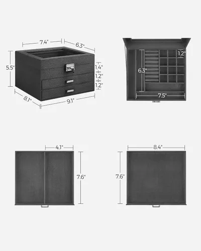 Miniatura 6 de SONGMICS Joyero, organizador de almacenamiento de joyas con cerradura, caja de joyería con ventana de cristal, para anillos, aretes, tachuelas