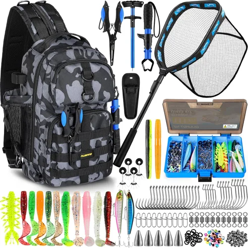 Miniatura 10 de PLUSINNO Bolsa Impermeable Tipo Bandolera para Aparejos de Pesca con Cajas de Aparejos y Portacañas, Regalos para Hombres con Señuelos, Alicates