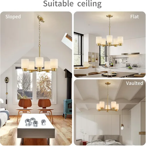 Miniatura 6 de WUZUPS Lámpara colgante de 5 luces, pantalla de vidrio blanco esmerilado con iluminación de techo de grano, elegante accesorio moderno para baño