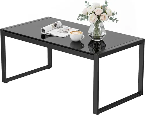 Miniatura 9 de ONBRILL Mesa de café rectangular con escritorio de vidrio templado, mesa de café para exteriores con marco galvanizado y pies ajustables para patio