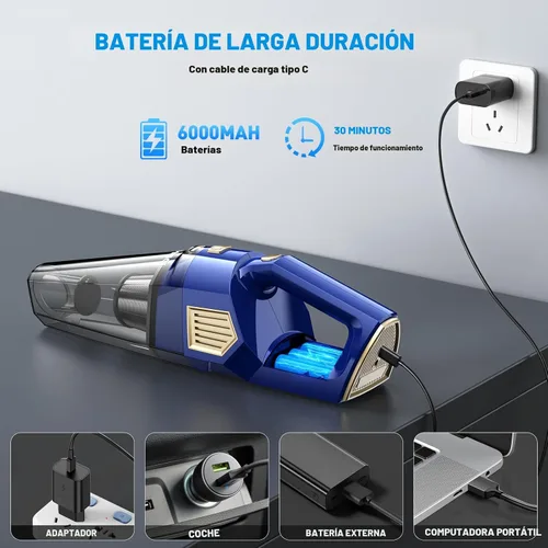 Miniatura 6 de Aspiradora de mano inalámbrica, 15000 PA, potente aspirador de succión para automóvil, ligero con múltiples accesorios, aspiradora de mano