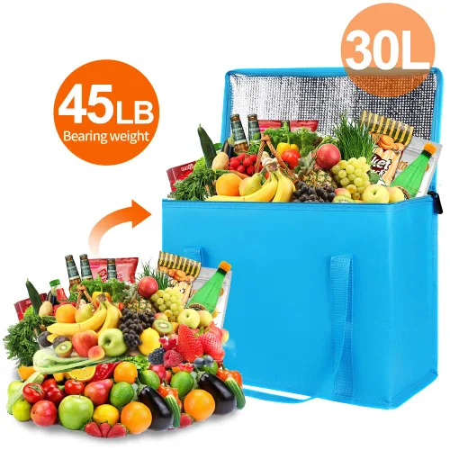 Miniatura 4 de Bodaon - Paquete de 2 bolsas de comestibles aisladas reutilizables para compras, tamaño XL, bolsas de entrega de alimentos suaves para Azul