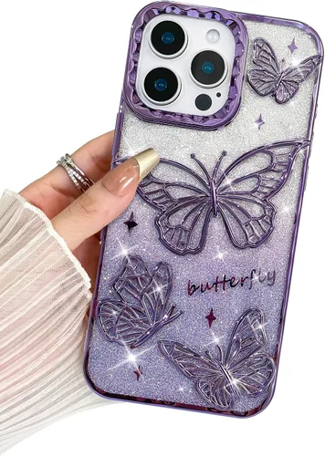 Miniatura 43 de BITOBE Diseñada para iPhone 15 Pro Max, bonita funda de mariposa 3D chapada en purpurina delgada para mujeres y niñas, protección de cámara, Negro