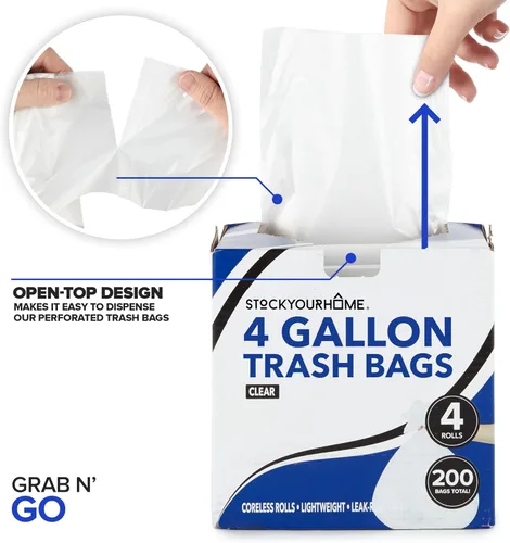 Miniatura 5 de Stock Your Home Bolsas de basura pequeñas sin perfume de 4 galones, 200 unidades, 12.7 micras de grosor, sello de estrella a prueba de fugas, caja