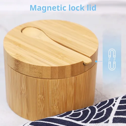 Miniatura 5 de HTB Salero de bambú con cuchara mini, caja de sal de cocina con tapa de cierre magnético giratoria, recipiente redondo de sal para guardar pimienta