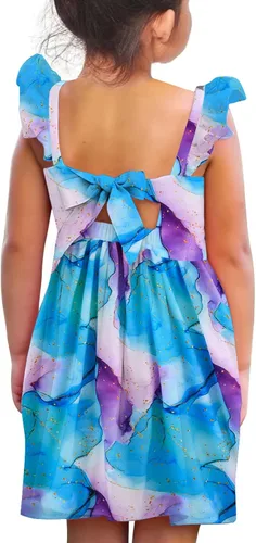 Miniatura 20 de Vieille Vestido de verano para niñas pequeñas, con volantes, manga corta, lindo vestido de sirena sin espalda para niños, vestido de playa casual