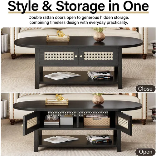 Miniatura 7 de LVB Mesa de centro de ratán, mesa de sala de estar de madera bohemia con almacenamiento, mesa de té de cóctel ovalada moderna de 2 niveles con Roble