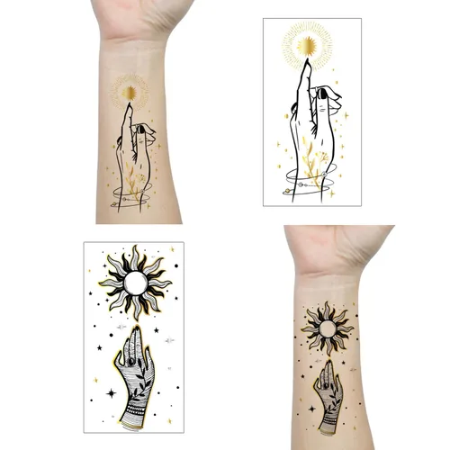Miniatura 3 de 9 hojas de tatuajes temporales metálicos dorados, plateados, negros, calcomanías de tatuaje de cara para hombres y mujeres, diseño de dedos