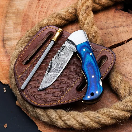 Miniatura 11 de Cuchillo de bolsillo de acero de Damasco, cuchillos de vaquero hechos a mano para exteriores, camping, senderismo, hoja de bloqueo trasera, cuchillo