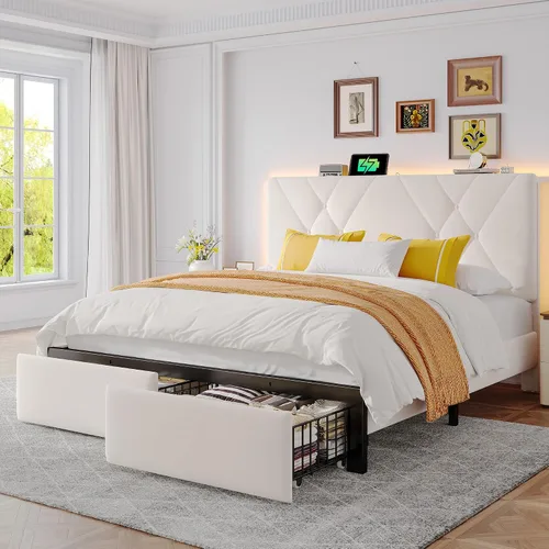 Miniatura 11 de EnHomee Marco de Cama Queen con 2 Cajones, Cabecera Tapizada con Estación de Carga, Marco de Cama de Terciopelo Acolchado y Luces LED, No Necesita
