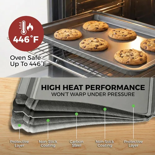 Miniatura 6 de Perlli Juego de 10 moldes para hornear antiadherentes de acero al carbono, gris para horno, 2 hojas de galletas, 2 moldes redondos para pasteles