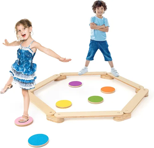 HONEY JOY Escalones de vigas de equilibrio de madera, carrera de obstáculos Montessori para niños, haz de gimnasia para sala de juegos, tabla de