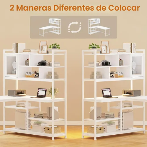 Miniatura 6 de SEDETA Escritorio para Computadora en Forma de L, Escritorio de Oficina de 58'' con Luz LED y Estantería, Escritorio de Esquina en Forma de L