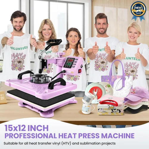 Miniatura 8 de AKEYDIY - Máquina de prensa de calor 8 en 1, máquina profesional de sublimación, 12" x 15", prensa giratoria para impresión de camisas