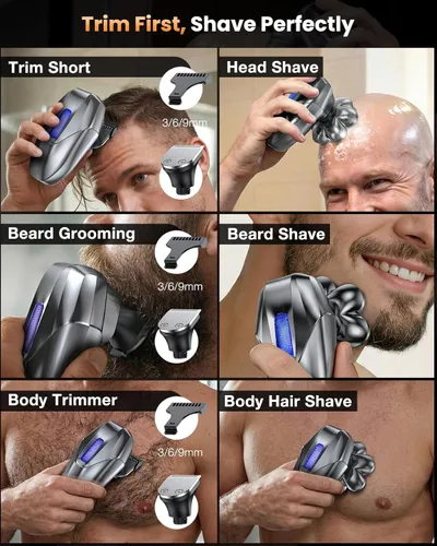 Miniatura 5 de Afeitadoras de cabeza para hombres calvos, kit de aseo eléctrico 5 en 1, 7D flotante IPX7, impermeable, recargable, para cabeza calva, vello