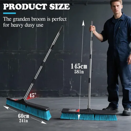 Miniatura 5 de MASTERTOP 24" Heavy Duty Push Broom with Ultra-Sturdy Adjustable Handle, 6-Layer Stiff Bristles Garden Yard Broom, Outdoor Sweeping Brush for
