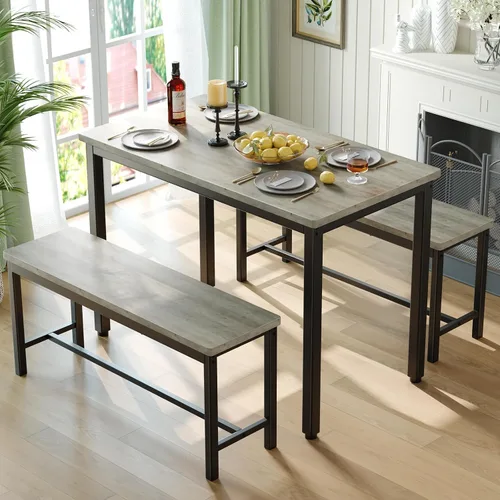Tatub Juego de mesa de comedor para 4, juego de mesa de cocina de 3 piezas con 2 bancos, juego de comedor que ahorra espacio para rincón de desayuno
