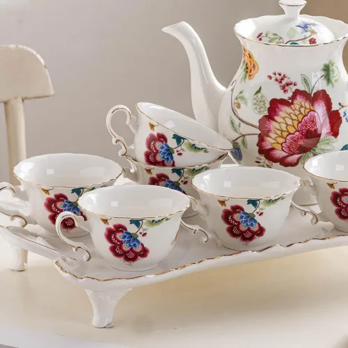 Miniatura 5 de Juego de 4 tazas de té de cerámica, tazas de café y platillos (azul y rojo)