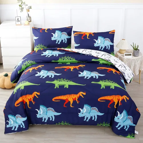 Miniatura 16 de RYNGHIPY Juego de ropa de cama de dinosaurio - Juego de edredón tamaño Queen para chicos y chicas - Juego de cama de dinosaurio suave, transpirable