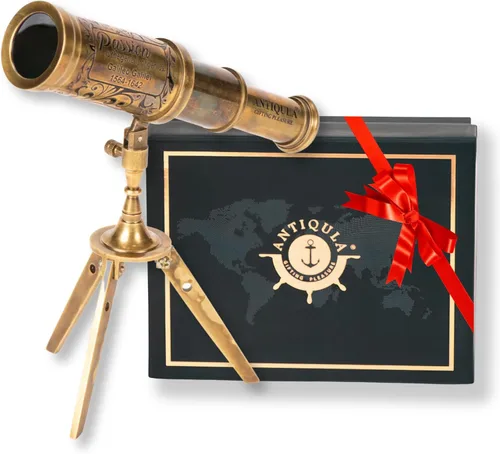 Telescopio decorativo de latón vintage en trípode, cristal espía pirata antiguo con caja de regalo, telescopio de mano náutico monocular ideal para