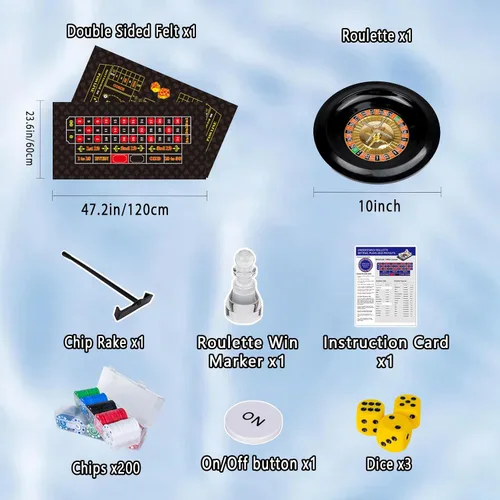 Miniatura 2 de WodGod Juego de Ruleta y Craps con Fieltro Grande de Doble Cara, Rueda de Ruleta de 10 Pulgadas, Rastrillo para Fichas, 200 Fichas, Marcador