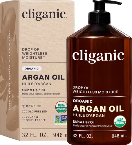 Cliganic Aceite de argán orgánico para el cabello, la cara y la piel a granel, 32 onzas con bomba, 100% puro, prensado en frío