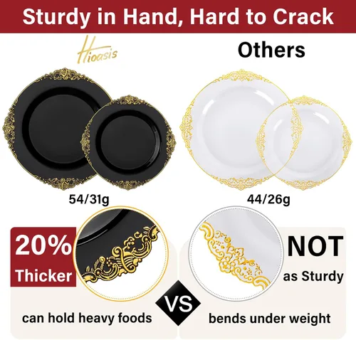 Miniatura 3 de Hioasis 210 platos negros y dorados, platos de fiesta negros para 30 invitados, incluye 60 platos resistentes (20% más gruesos que el estándar), 30