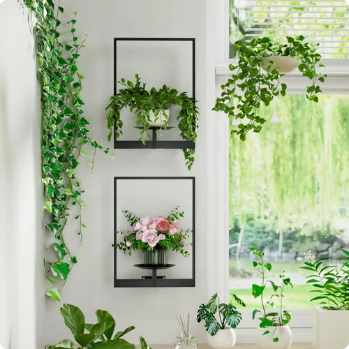 Miniatura 14 de Soporte para plantas de pared de metal negro, paquete de 2 soportes para plantas montados en la pared y soportes colgantes para macetas