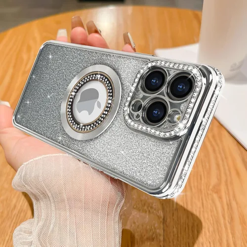Losin Funda magnética compatible con iPhone 15 Pro Max con purpurina compatible con MagSafe Funda de lujo con diamantes de imitación con logotipo