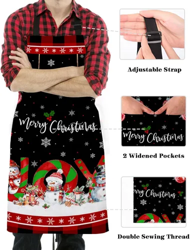 Miniatura 3 de Christmas Bib Aprons with Pockets Waterproof, Adjustable Apron for Men Women Joy Xmas Tree Snowman Winter Snowflake Red Black Plaid