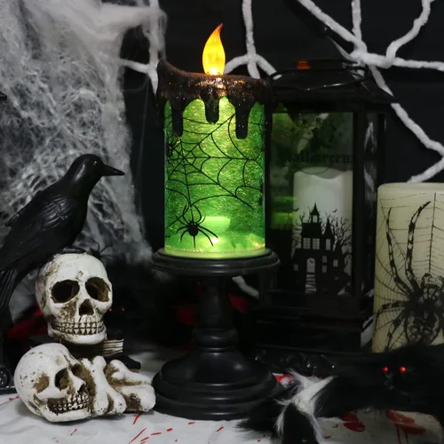Miniatura 4 de Vela sin llama de Halloween, globo de nieve, funciona con pilas con temporizador de 6 horas, calcomanía de araña de luz verde, lámpara de tornado