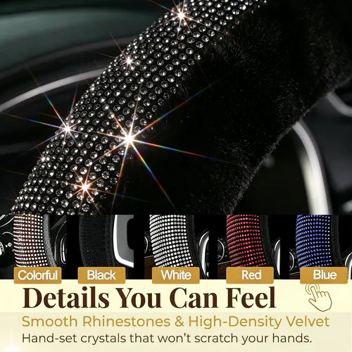 Miniatura 6 de Funda para volante con destellos para mujeres y niñas, cubierta de volante de diamantes de imitación de color negro con brillantes de piel