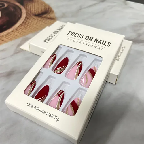 Miniatura 4 de Uñas postizas a presión de color rojo vino brillante, uñas postizas largas de almendra, uñas postizas onduladas doradas irregulares con pegamento