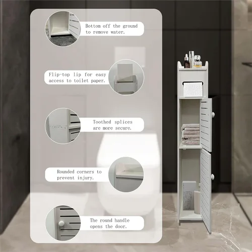 Miniatura 6 de Armario de almacenamiento pequeño para baño, organizador de papel higiénico delgado con 2 puertas y estantes, armario de almacenamiento sobre