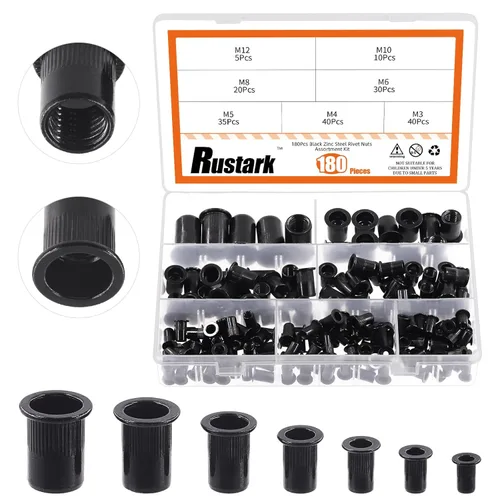 Miniatura 8 de 100 tuercas de remache M6 de acero al carbono negro chapado en zinc tuercas de remache moleteadas cabeza plana remaches roscados tuercas de inserción