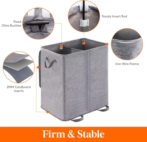 Miniatura 2 de Lifewit Cesta doble para la ropa sucia con tapa y bolsas de lavandería extraíbles, gran plegable, 2 divisores, cesta de ropa sucia con asas para Gris