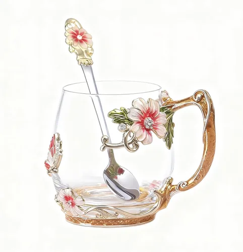 Miniatura 17 de Taza de té de cristal con cuchara y flores, regalo ideal para mujeres, especialmente mamá, en el día de San Valentín, Navidad, cumpleaños, taza
